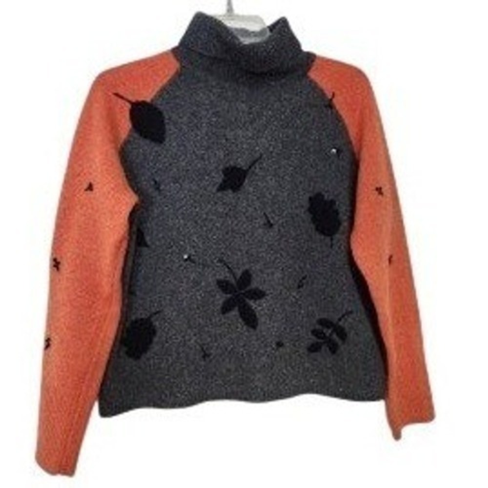 World Republic Lambswool Sweater Grey Orange Leaf Applique Large